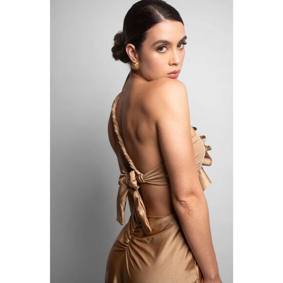 Katherin Aarhus Cintya Ruffled One Shoulder Maxi Dress Copper Gold Women's OS - Picture 3 of 8